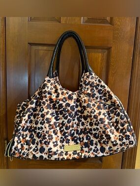 Vintage Betsey Johnson Nylon Leopard Print Tote Travel Weekender Bag Gold Plate